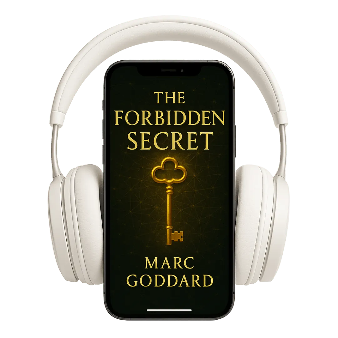 The Forbidden Secret audiobook cover playing on a phone with headphones
